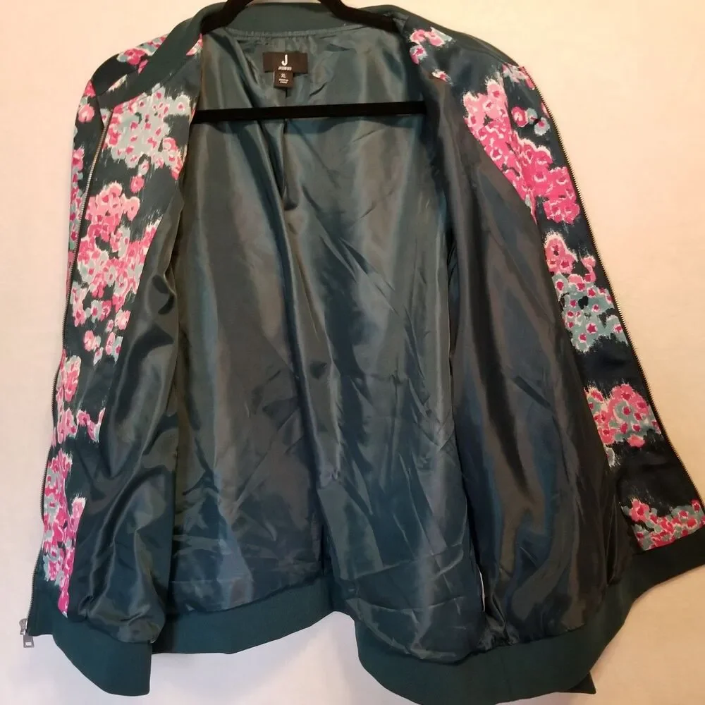 J Jason Wu XL Bomber Jacket Teal Pink Floral Print Satin Preppy Feminine Boho